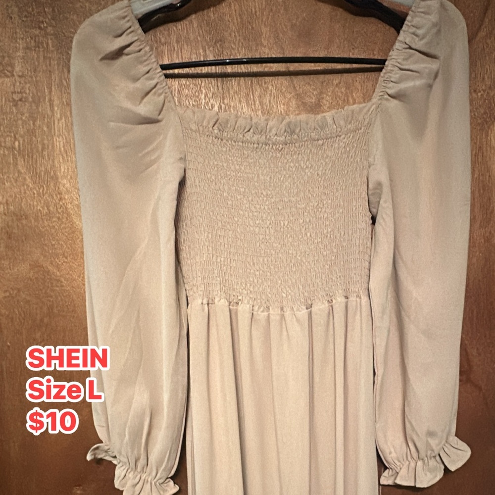 SHEIN Cream Smocked Long Sleeve Dress